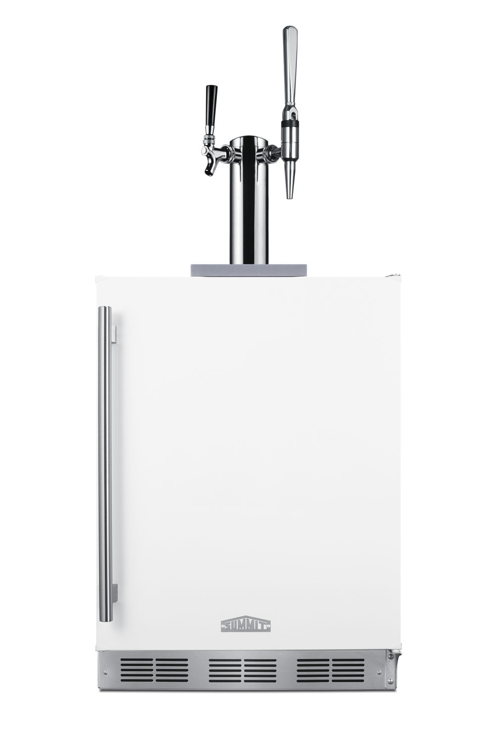 Built-in undercounter ADA height commercially listed dual tap combo nitro/cold brew coffee dispenser in white with stainless steel handle